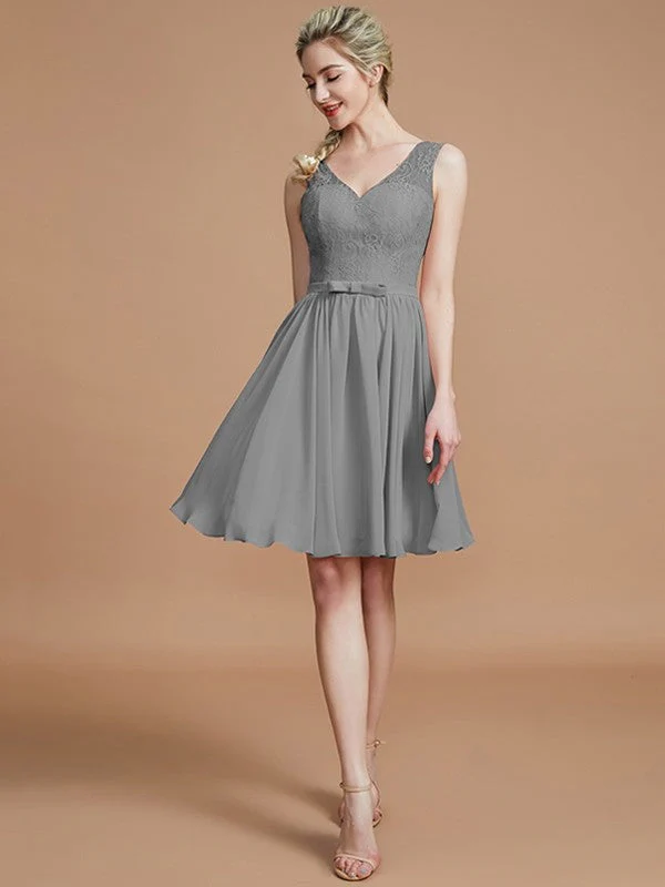 V-Neck Elegant Sleeveless Lace Short/Mini Chiffon Bridesmaid Dresses - Image 32