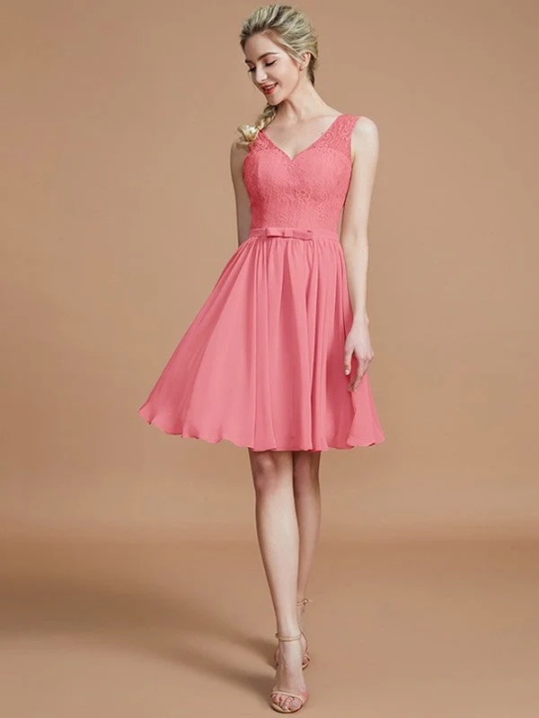 V-Neck Elegant Sleeveless Lace Short/Mini Chiffon Bridesmaid Dresses - Image 33