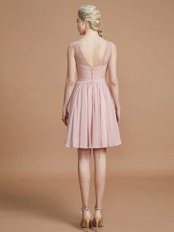 V-Neck Elegant Sleeveless Lace Short/Mini Chiffon Bridesmaid Dresses - Image 35