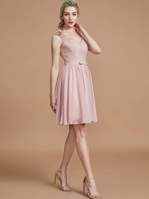 V-Neck Elegant Sleeveless Lace Short/Mini Chiffon Bridesmaid Dresses - Image 4