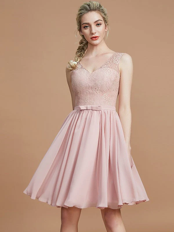 V-Neck Elegant Sleeveless Lace Short/Mini Chiffon Bridesmaid Dresses - Image 5
