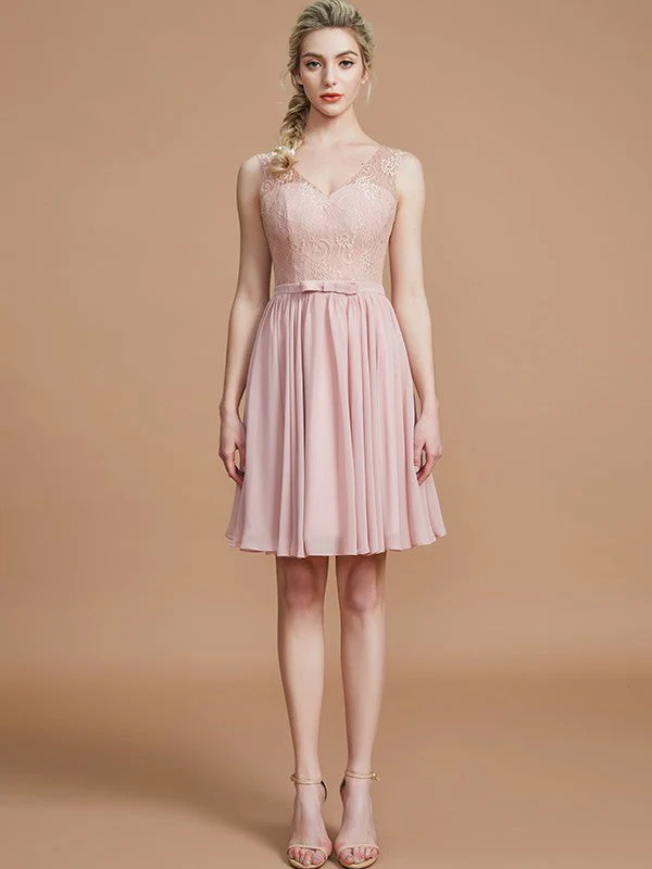 V-Neck Elegant Sleeveless Lace Short/Mini Chiffon Bridesmaid Dresses - Image 6