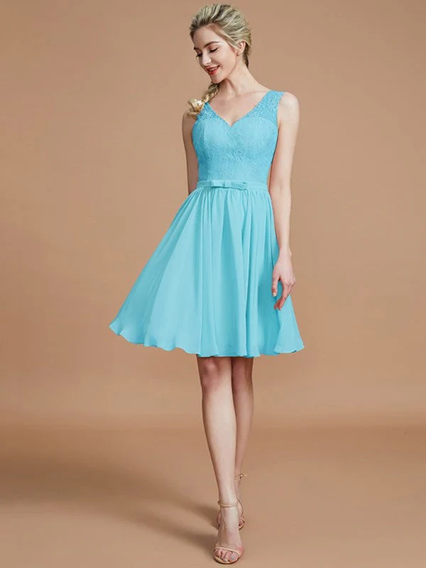 V-Neck Elegant Sleeveless Lace Short/Mini Chiffon Bridesmaid Dresses - Image 8