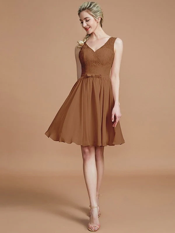 V-Neck Elegant Sleeveless Lace Short/Mini Chiffon Bridesmaid Dresses - Image 9
