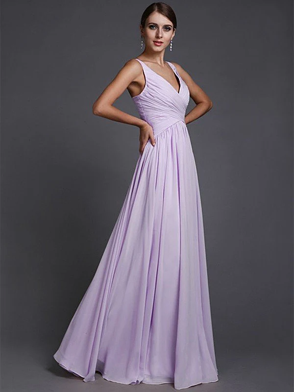 V-Neck Elegant Sleeveless Long Ruffles Chiffon Bridesmaid Dresses - Image 18