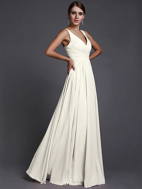 V-Neck Elegant Sleeveless Long Ruffles Chiffon Bridesmaid Dresses - Image 21