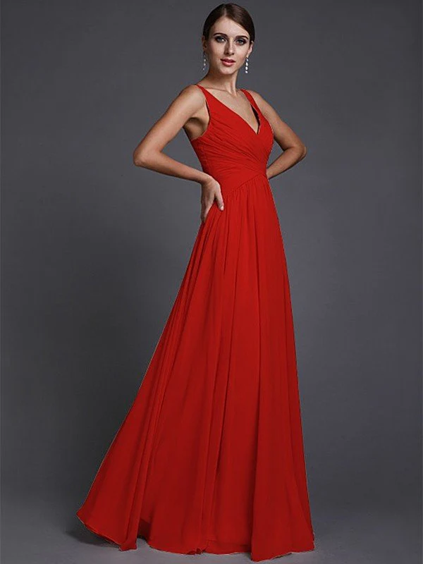 V-Neck Elegant Sleeveless Long Ruffles Chiffon Bridesmaid Dresses - Image 23