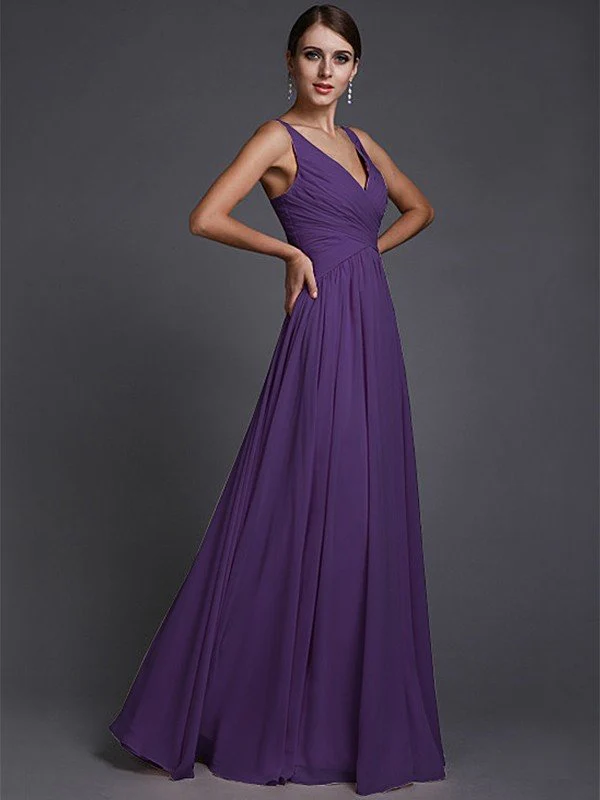 V-Neck Elegant Sleeveless Long Ruffles Chiffon Bridesmaid Dresses - Image 24