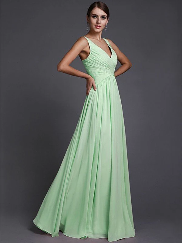 V-Neck Elegant Sleeveless Long Ruffles Chiffon Bridesmaid Dresses - Image 26