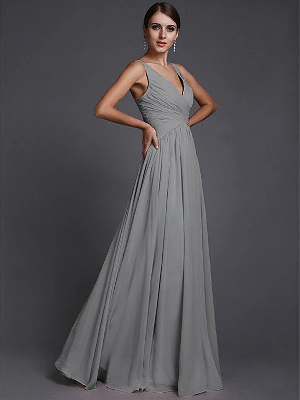 V-Neck Elegant Sleeveless Long Ruffles Chiffon Bridesmaid Dresses - Image 27