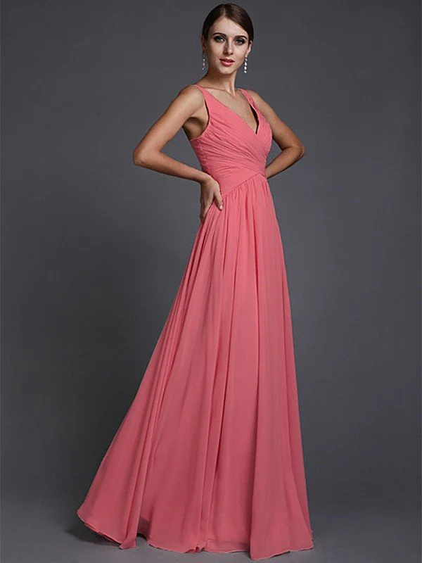 V-Neck Elegant Sleeveless Long Ruffles Chiffon Bridesmaid Dresses - Image 28