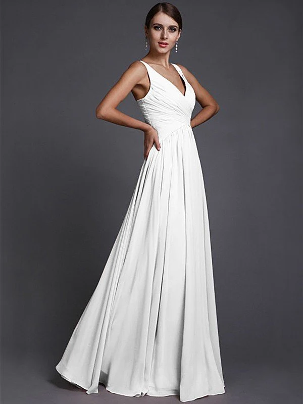 V-Neck Elegant Sleeveless Long Ruffles Chiffon Bridesmaid Dresses - Image 29