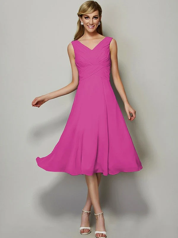 V-Neck Elegant Sleeveless Pleats Short Chiffon Bridesmaid Dresses - Image 13