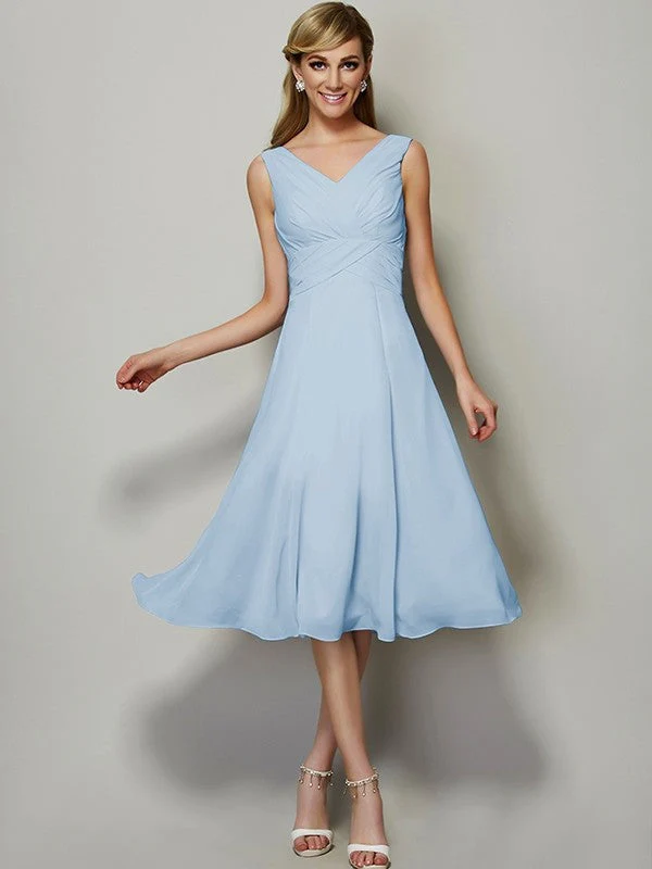 V-Neck Elegant Sleeveless Pleats Short Chiffon Bridesmaid Dresses - Image 16