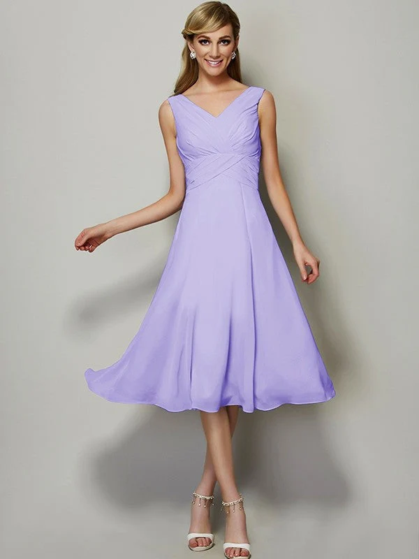 V-Neck Elegant Sleeveless Pleats Short Chiffon Bridesmaid Dresses - Image 21