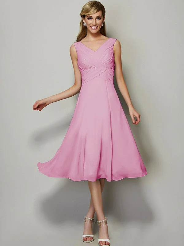 V-Neck Elegant Sleeveless Pleats Short Chiffon Bridesmaid Dresses - Image 22