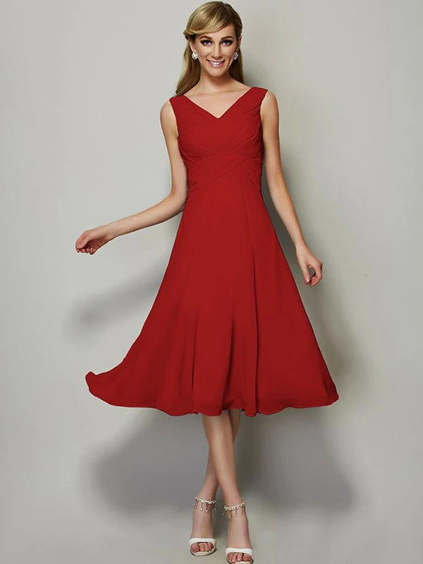 V-Neck Elegant Sleeveless Pleats Short Chiffon Bridesmaid Dresses - Image 23