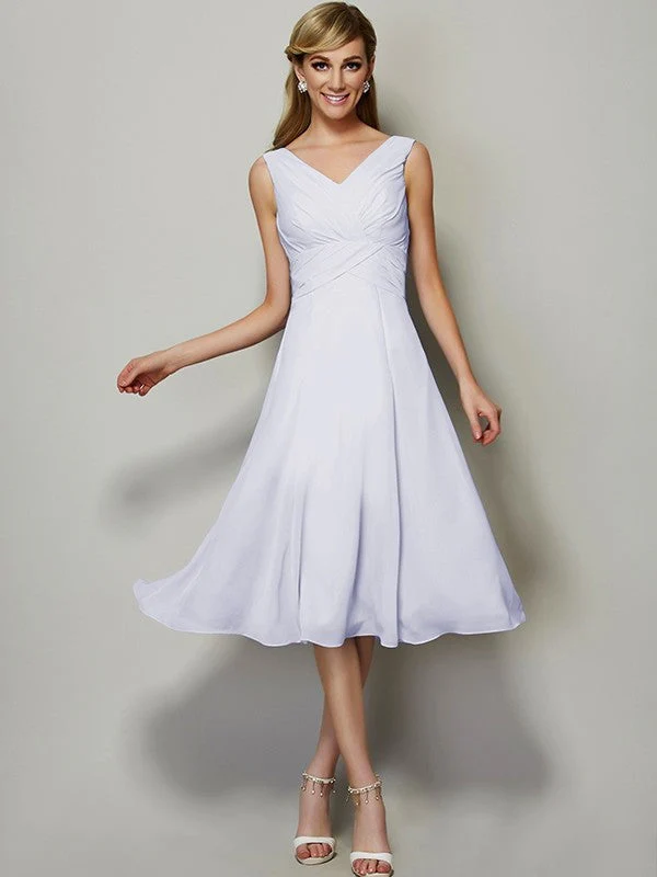 V-Neck Elegant Sleeveless Pleats Short Chiffon Bridesmaid Dresses - Image 28