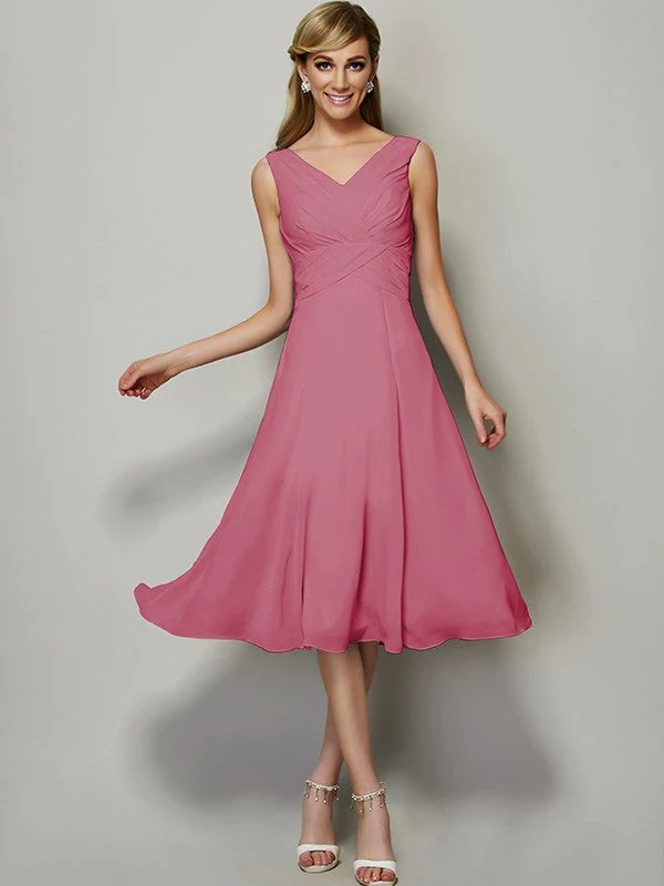 V-Neck Elegant Sleeveless Pleats Short Chiffon Bridesmaid Dresses - Image 29