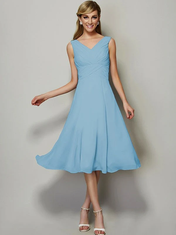 V-Neck Elegant Sleeveless Pleats Short Chiffon Bridesmaid Dresses - Image 4