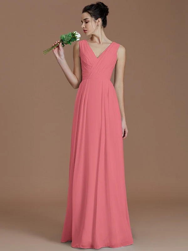 V-Neck Elegant Sleeveless Ruched Chiffon Bridesmaid Dresses - Image 33