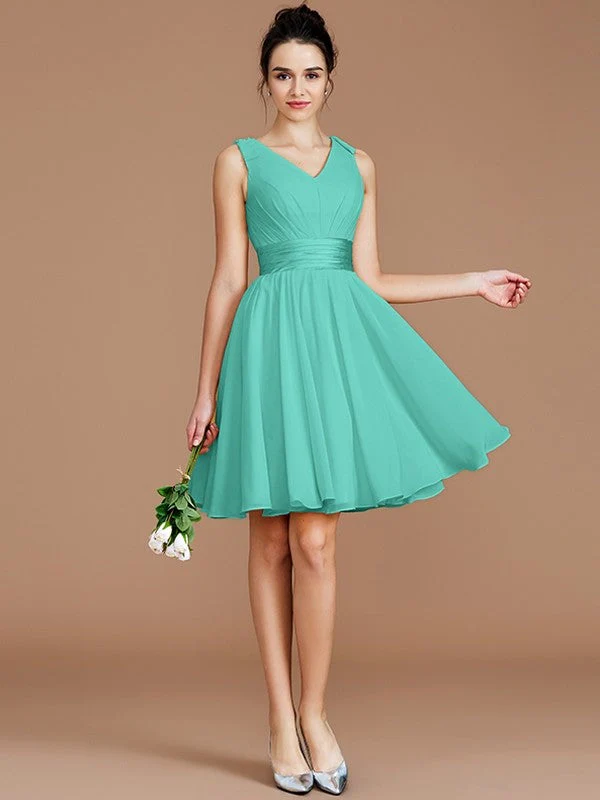 V-Neck Elegant Sleeveless Sash/Ribbon/Belt Short/Mini Chiffon Bridesmaid Dresses - Image 19