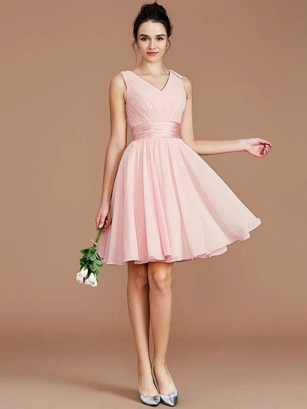 V-Neck Elegant Sleeveless Sash/Ribbon/Belt Short/Mini Chiffon Bridesmaid Dresses - Image 25
