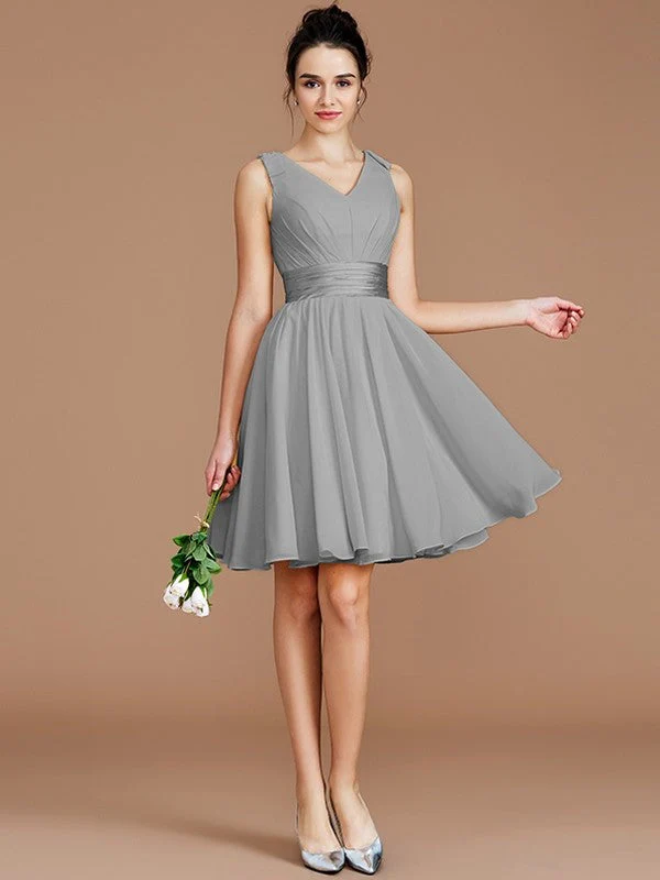 V-Neck Elegant Sleeveless Sash/Ribbon/Belt Short/Mini Chiffon Bridesmaid Dresses - Image 31