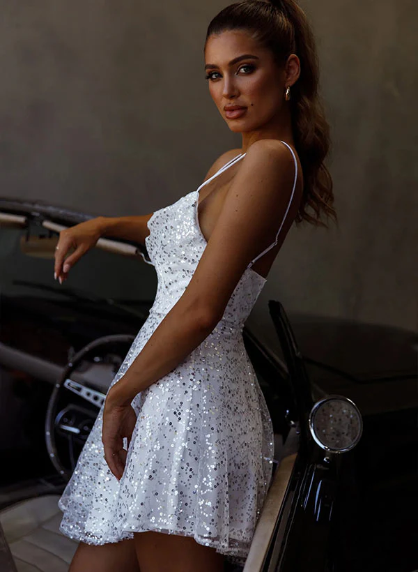 A-Line Cowl Neck Sleeveless Short/Mini Sequined Homecoming Dresses - Image 5