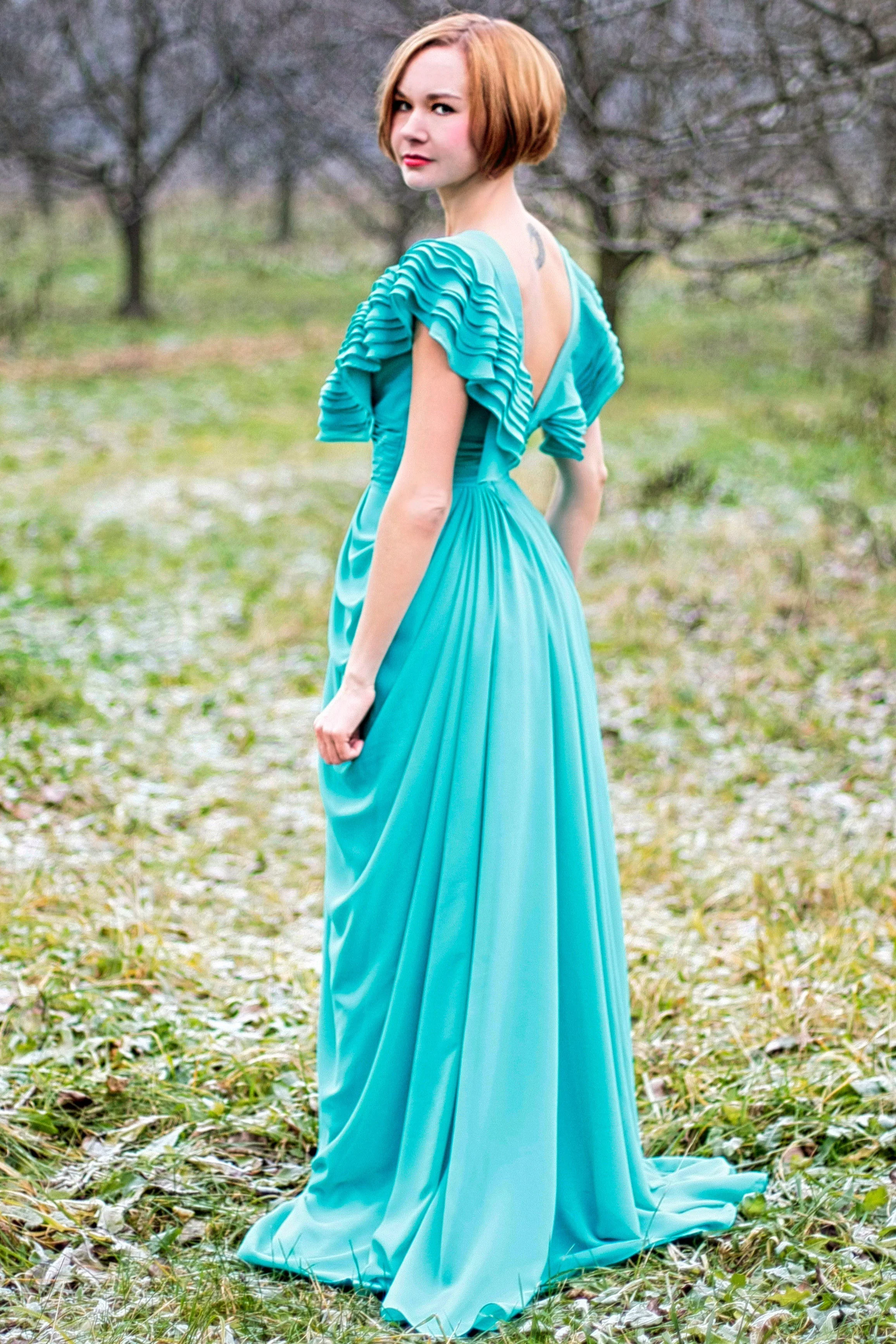 A-line Deep V-neck Floor Length Chiffon Backless Prom Dress - Image 2
