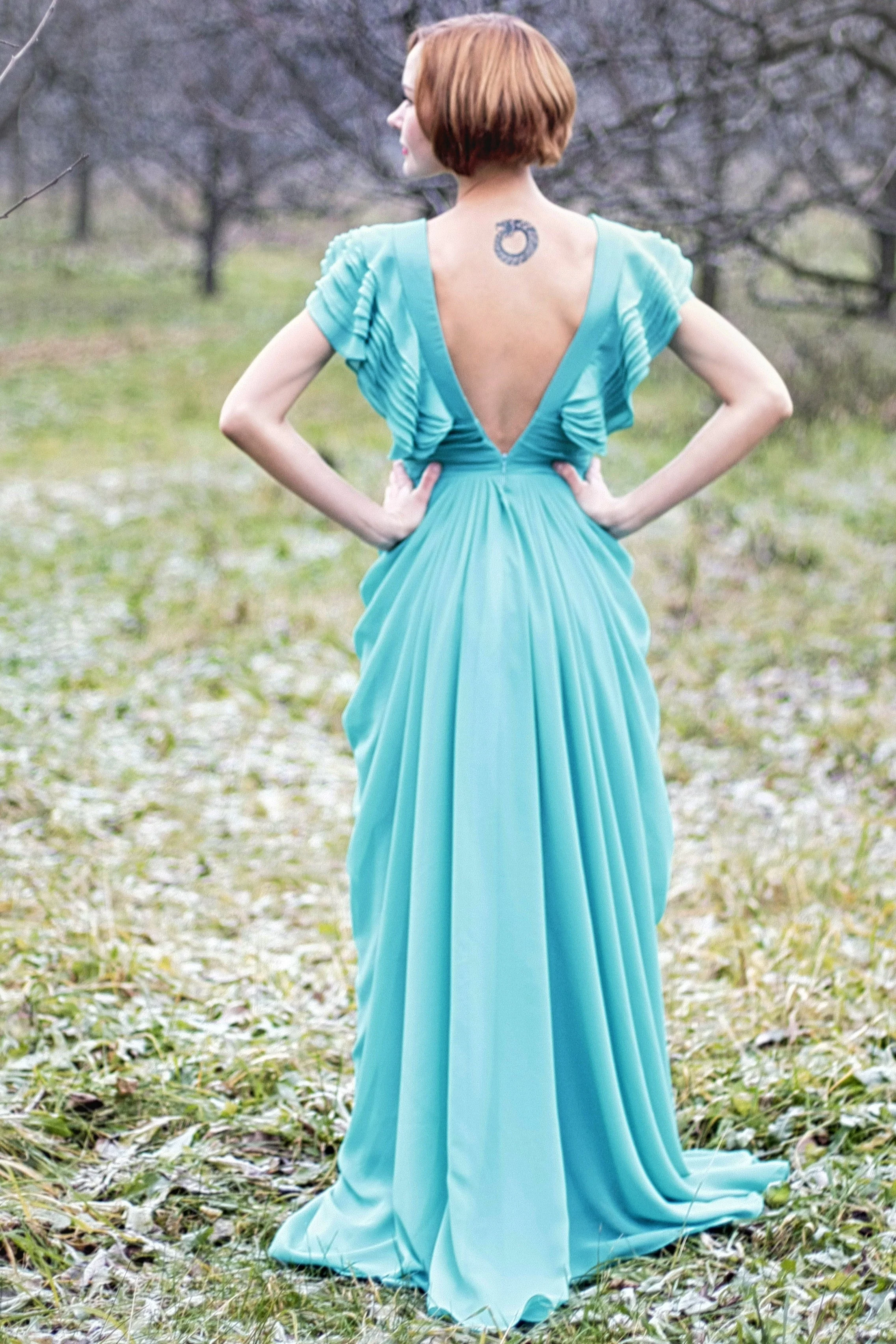 A-line Deep V-neck Floor Length Chiffon Backless Prom Dress - Image 5