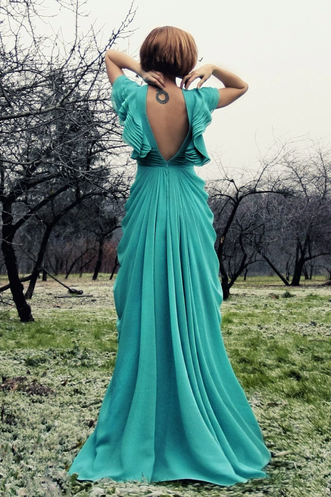 A-line Deep V-neck Floor Length Chiffon Backless Prom Dress - Image 9