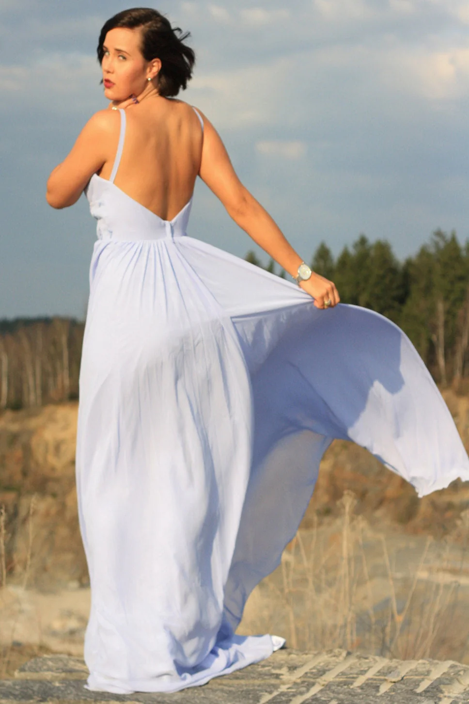A-line Deep V-neck Floor Length Chiffon Beading Backless Wedding Dress - Image 2