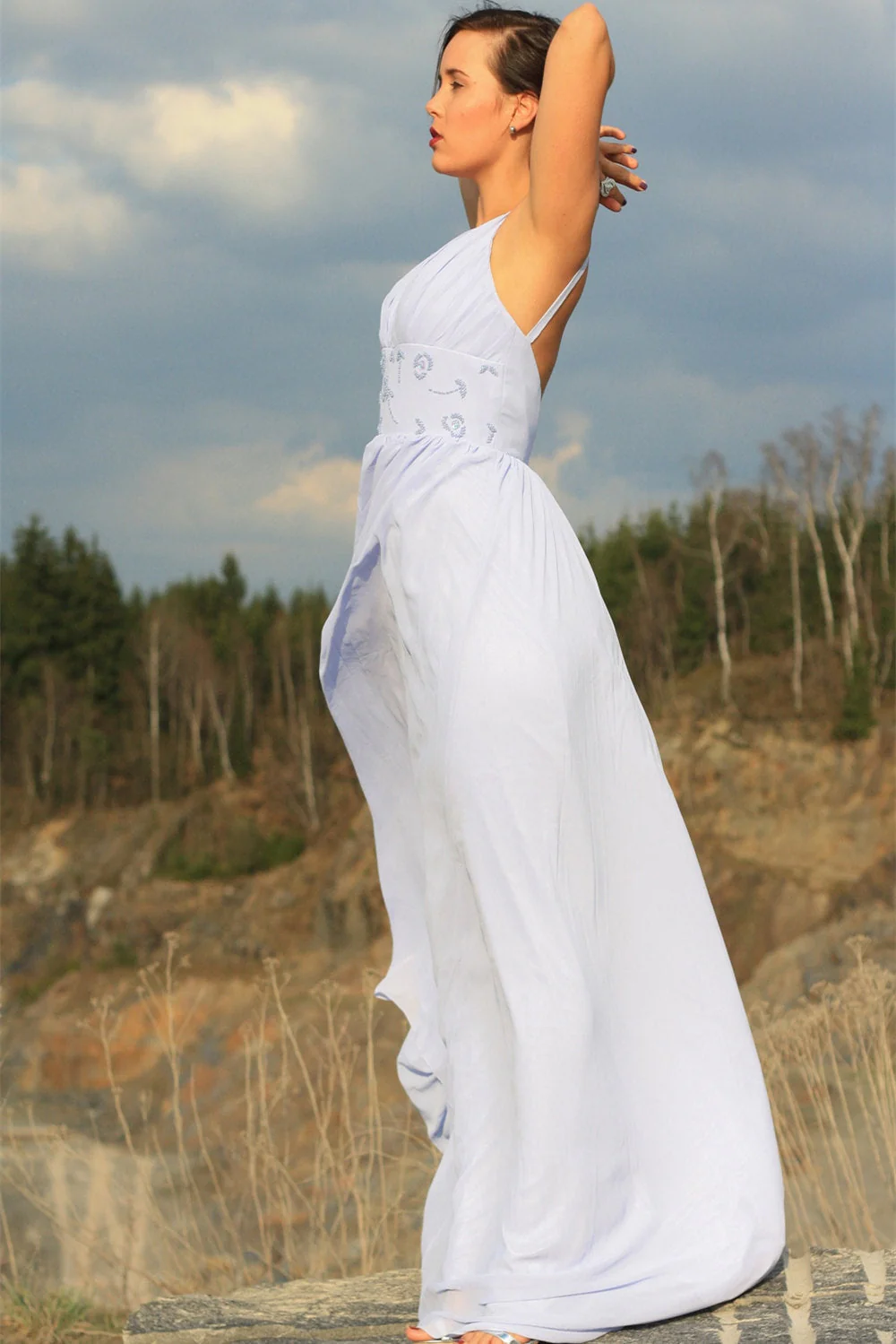 A-line Deep V-neck Floor Length Chiffon Beading Backless Wedding Dress - Image 3