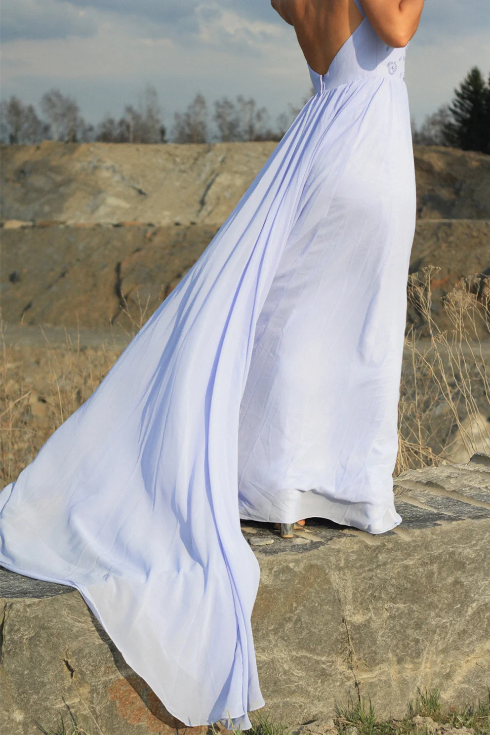 A-line Deep V-neck Floor Length Chiffon Beading Backless Wedding Dress - Image 4