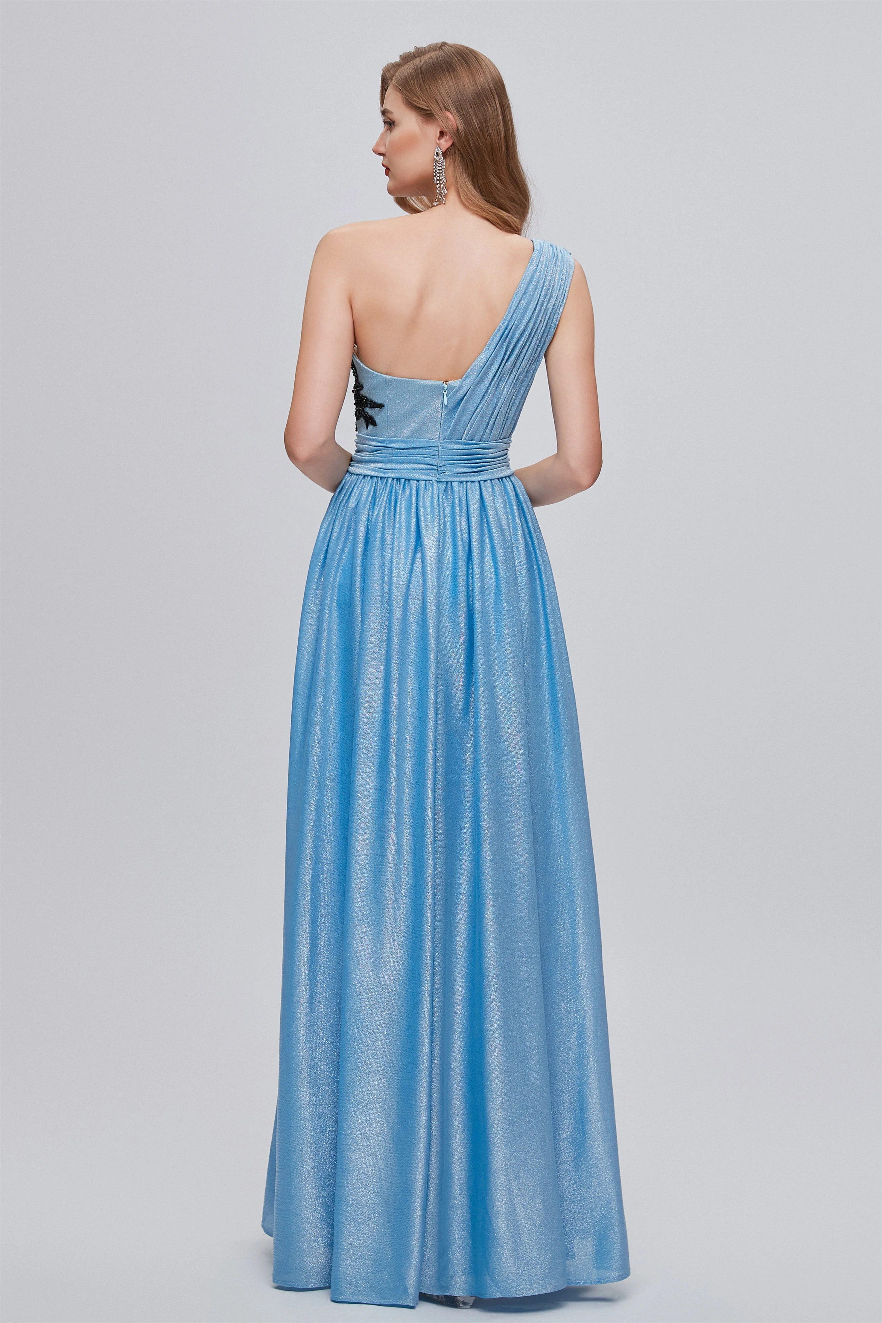A-line Floor Length One shoulder Applique Sleeveless High Split Open Back Prom Dress - Image 2