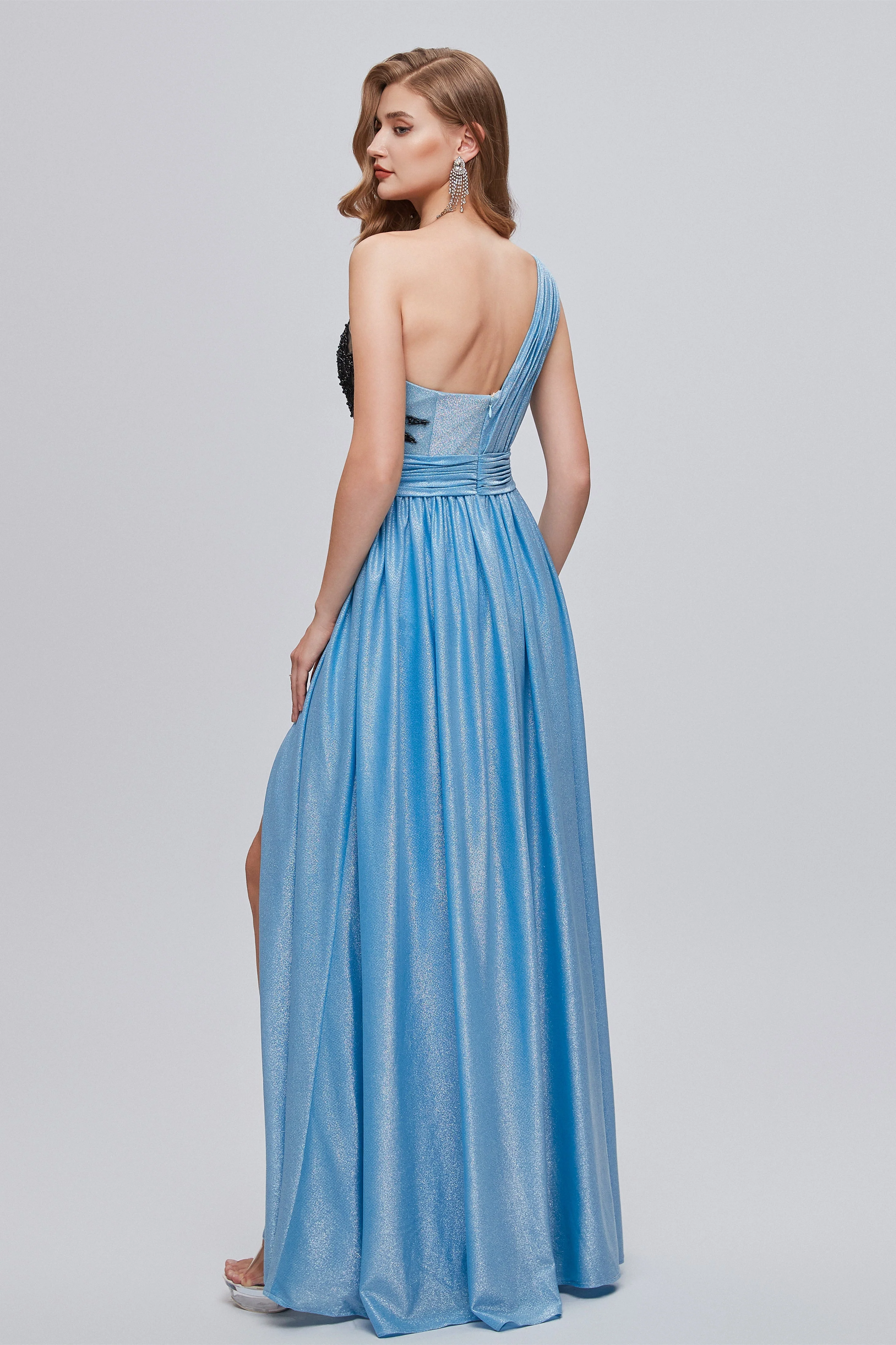 A-line Floor Length One shoulder Applique Sleeveless High Split Open Back Prom Dress - Image 6