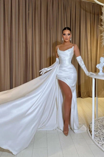 Ballbella Long Sleeveless Strapless Charmeuse Slit Front Stain Evening Dress with Ruffles - Image 2