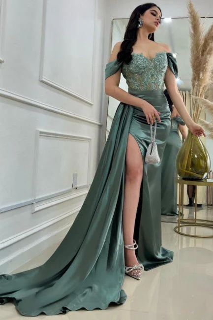 Ballbella Long Stain Off-The-Shoulder Slit Front Sweetheart Evening Dress with Lace - Image 2