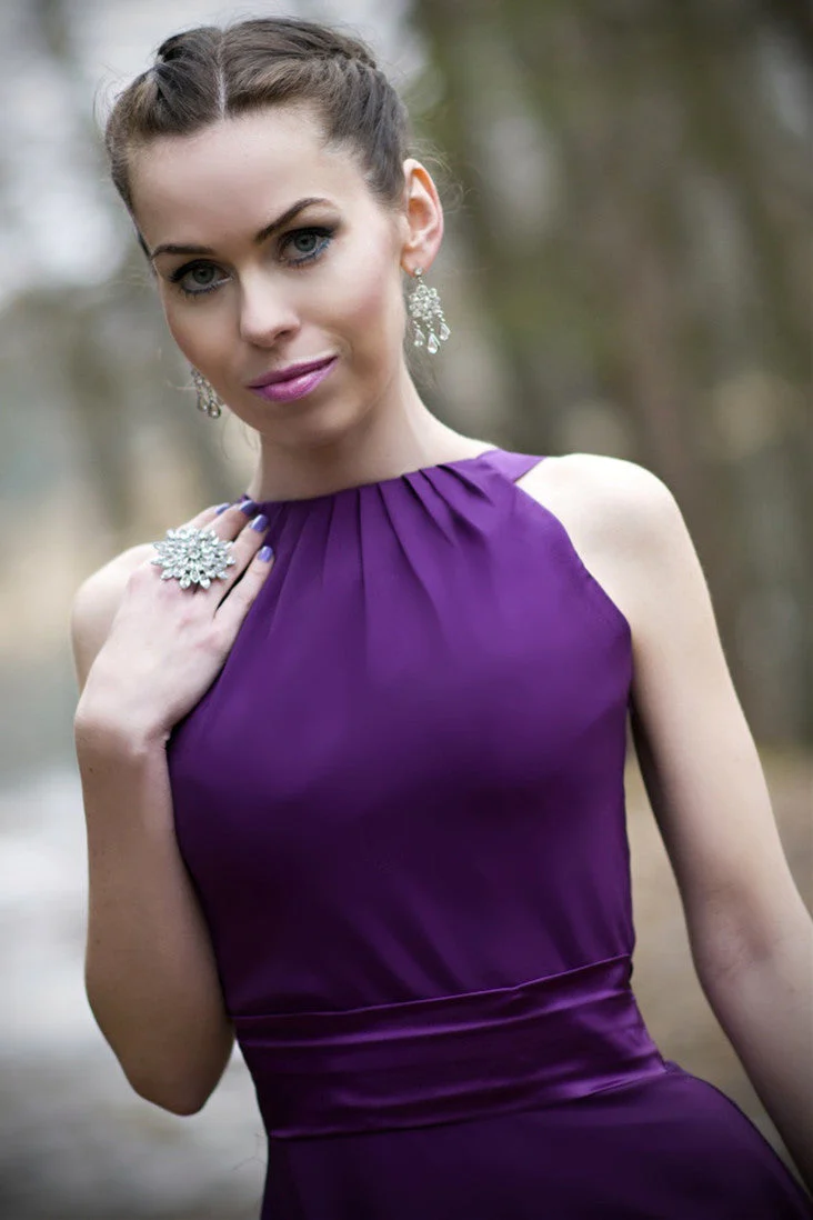 A-line Halter Floor Length Charmeuse Back-bow Evening Dress - Image 12