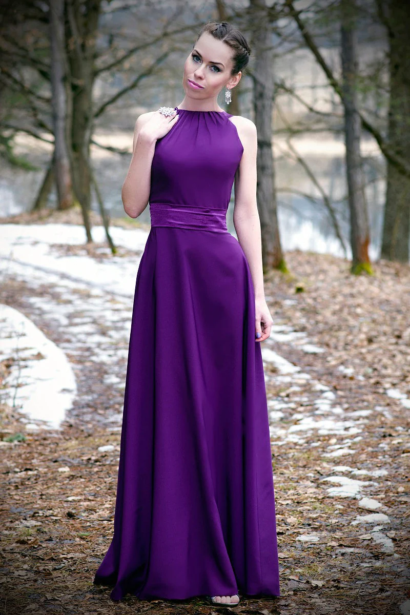 A-line Halter Floor Length Charmeuse Back-bow Evening Dress - Image 13