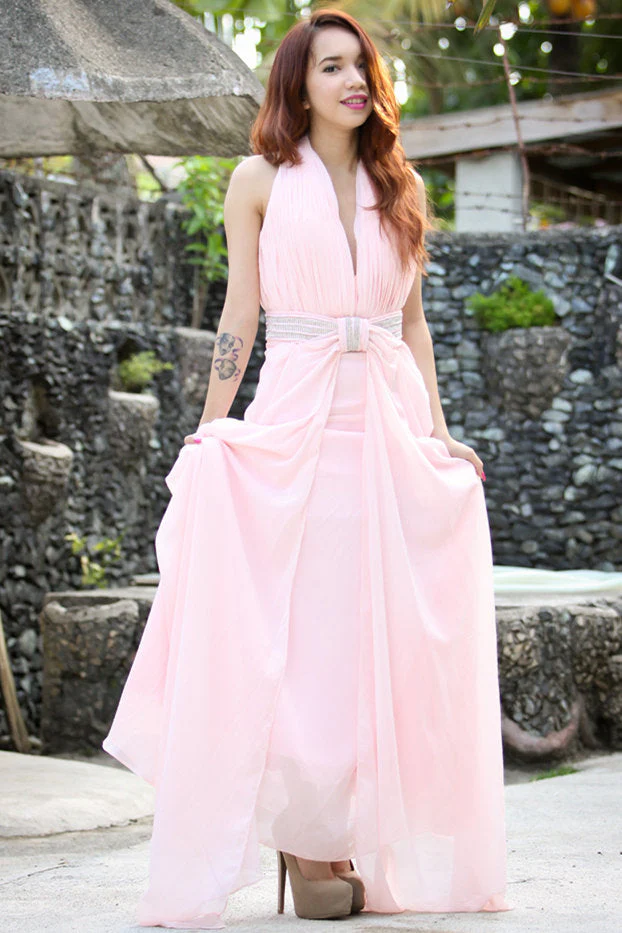 A-line Halter Floor Length Chiffon Beading Backless Prom Dress - Image 3