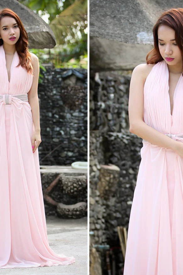 A-line Halter Floor Length Chiffon Beading Backless Prom Dress - Image 5