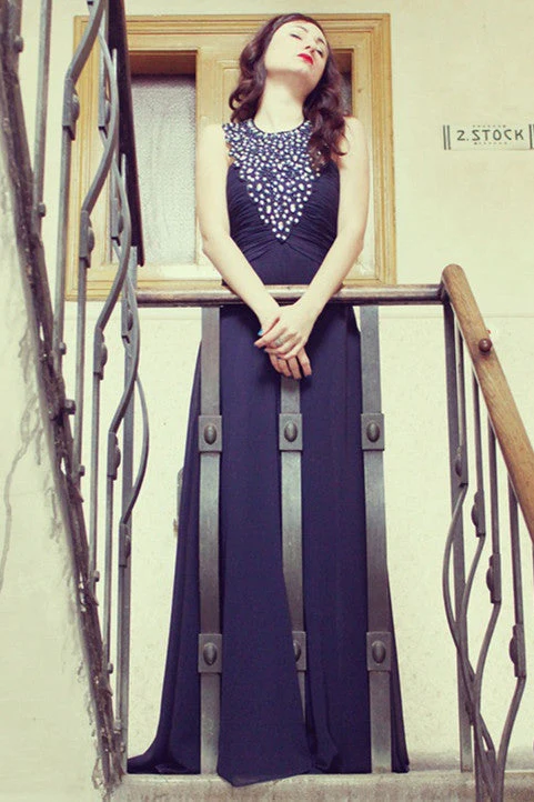 A-line Halter Floor Length Sleeveless Chiffon Rhinestone Evening Dress - Image 3