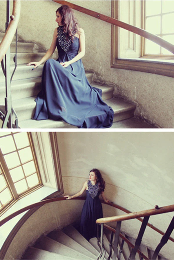 A-line Halter Floor Length Sleeveless Chiffon Rhinestone Evening Dress - Image 5
