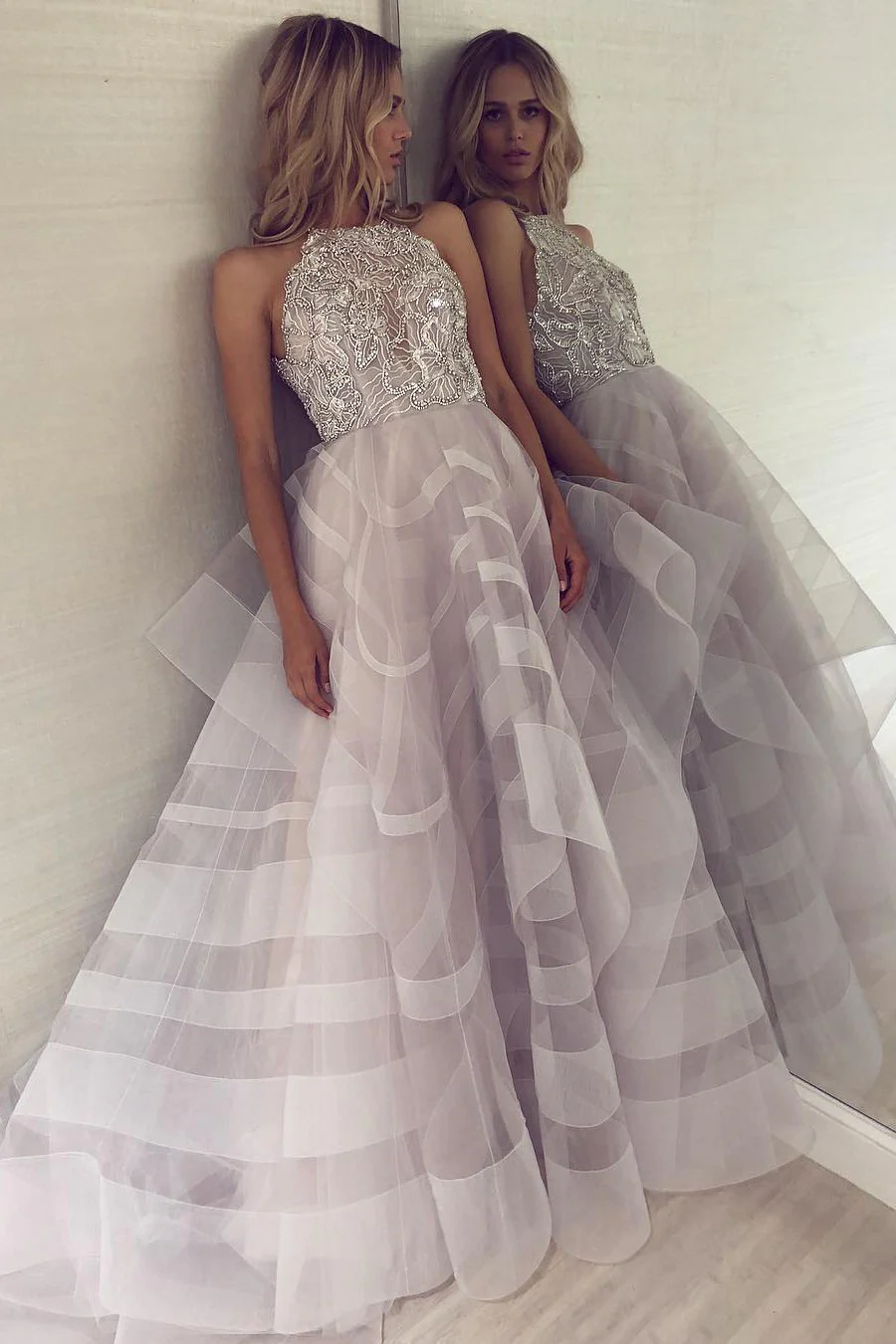 A-line Halter Irregular Hem Floor Length Organza Backless Beading Evening Dress - Image 3