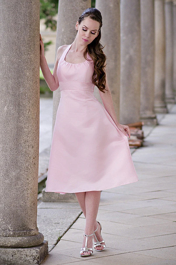 A-line Halter Round Collar Tea Length Chiffon Sleeveless Bridesmaid Dress - Image 4