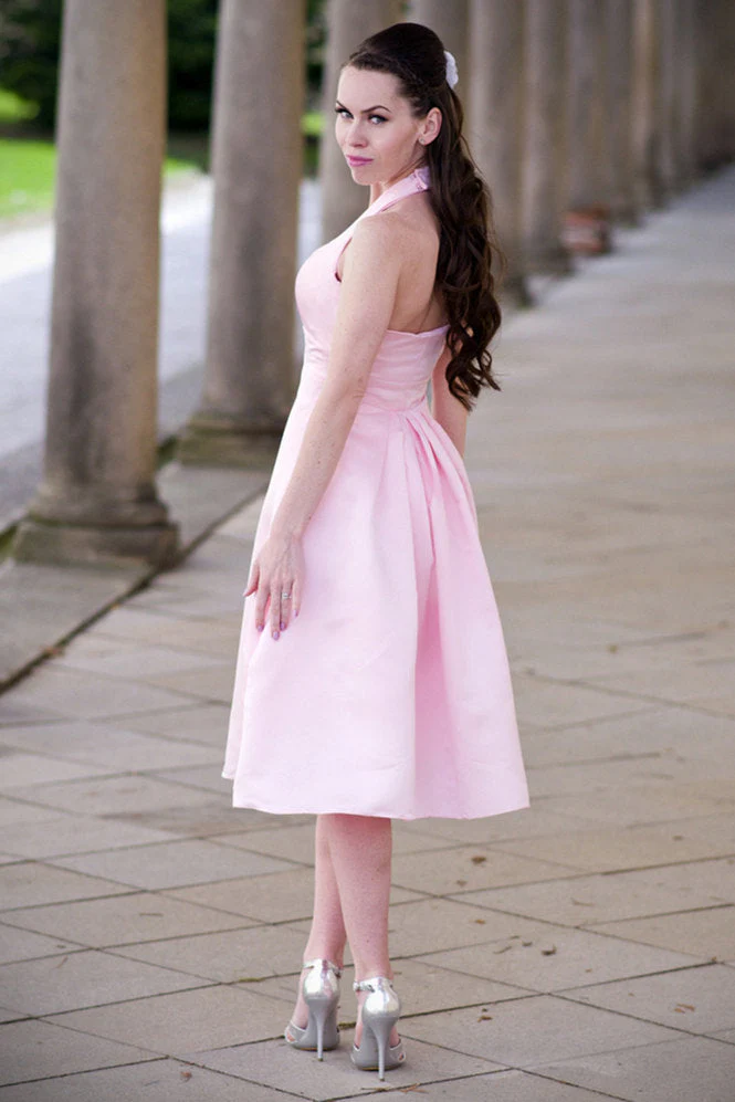 A-line Halter Round Collar Tea Length Chiffon Sleeveless Bridesmaid Dress - Image 5