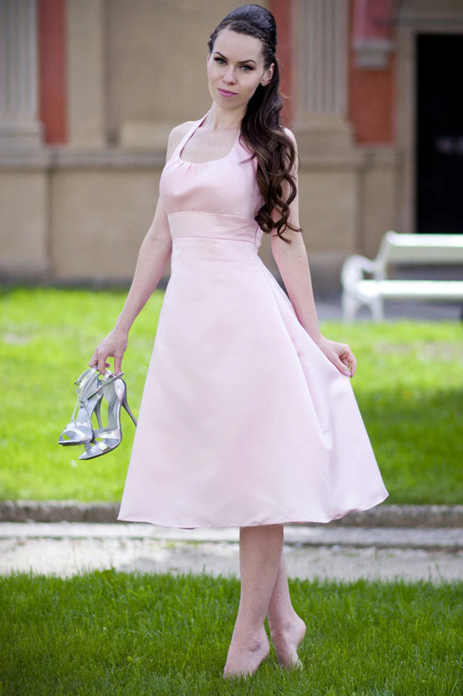 A-line Halter Round Collar Tea Length Chiffon Sleeveless Bridesmaid Dress - Image 6
