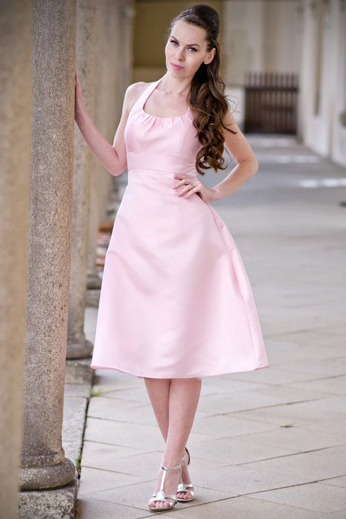 A-line Halter Round Collar Tea Length Chiffon Sleeveless Bridesmaid Dress - Image 9